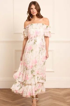 Easy Layers High Neck Rose Chiffon Off-Shoulder Ankle Gown