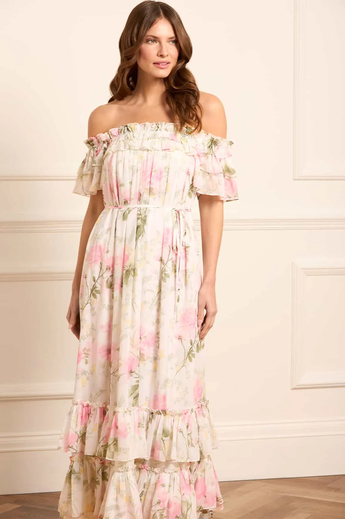 Rose Chiffon Off-Shoulder Ankle Gown Breathable fabric