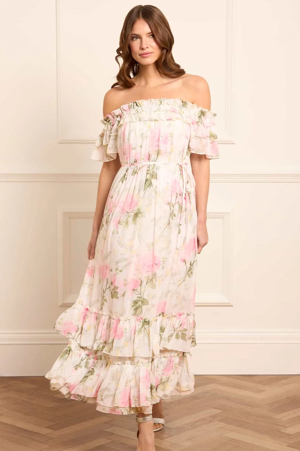 Easy Layers High Neck Rose Chiffon Off-Shoulder Ankle Gown