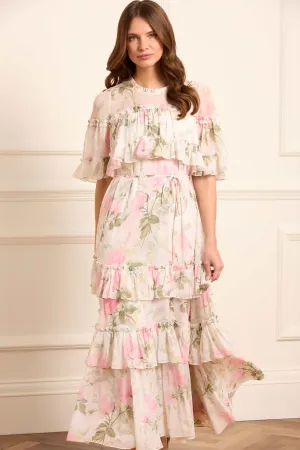 Rose Chiffon Tiered Cape Ankle Gown Slim-fit