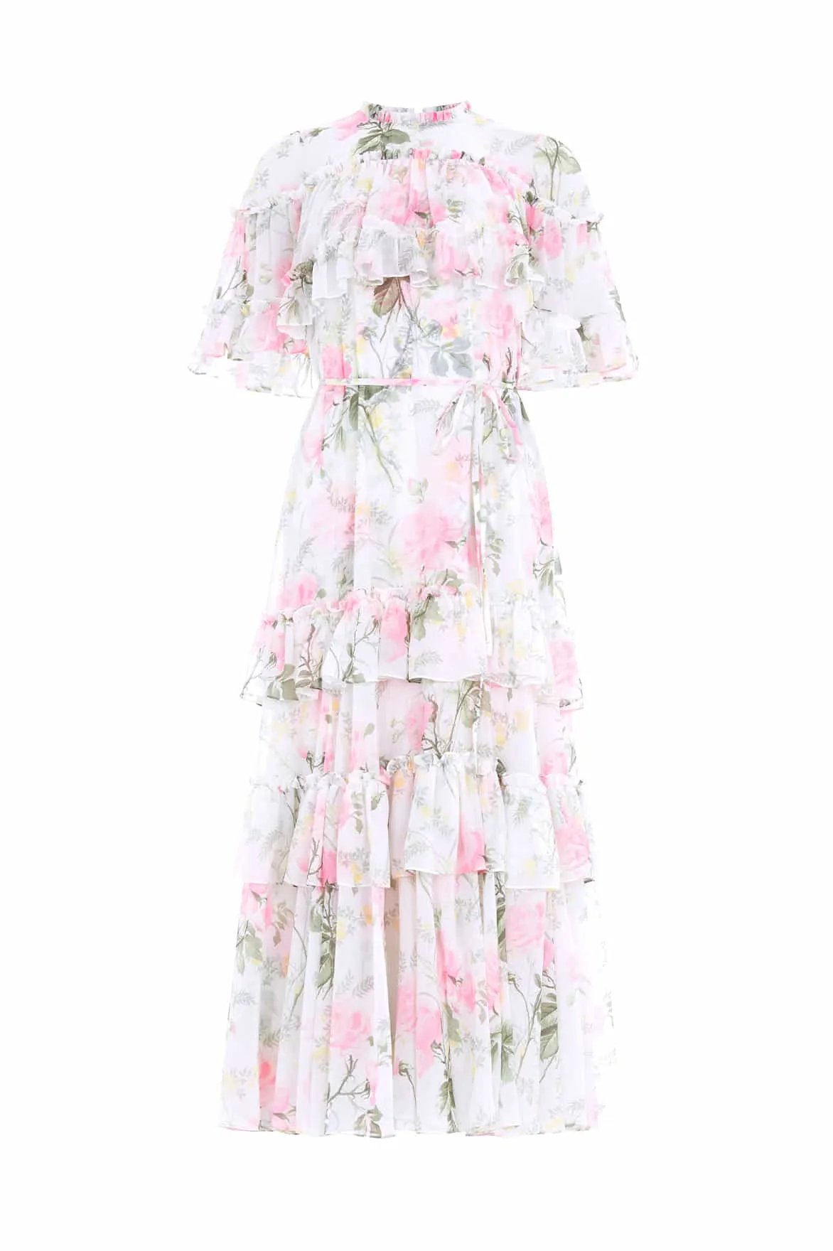Rose Chiffon Tiered Cape Ankle Gown Elegant Mood