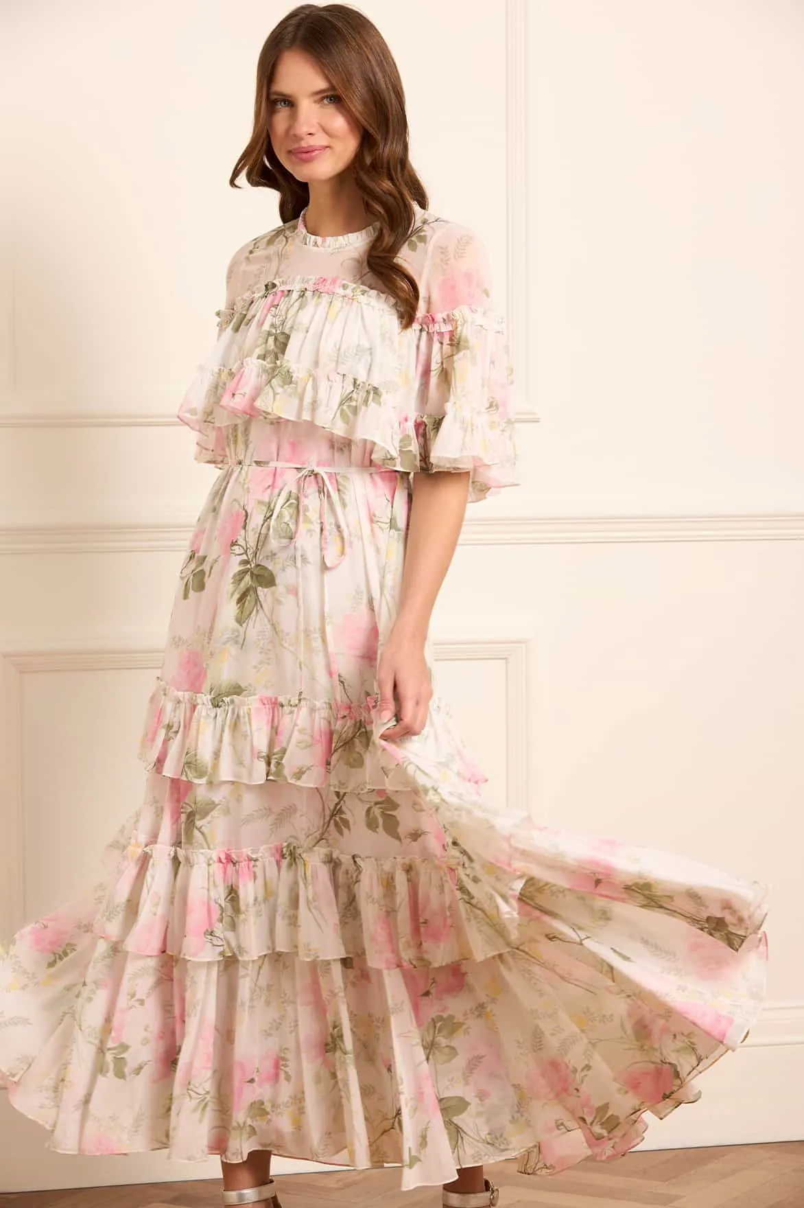 Rose Chiffon Tiered Cape Ankle Gown Wide Swing Mixed Fabric