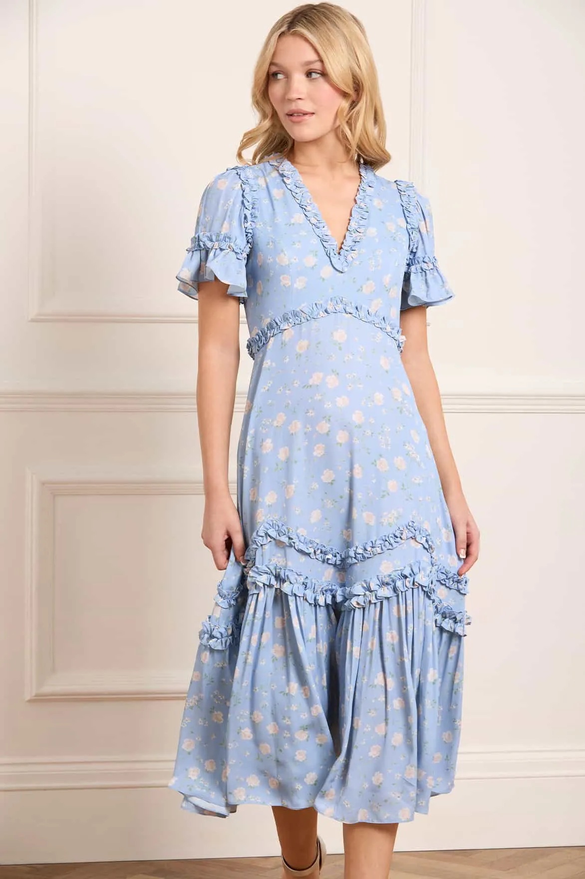 Cool Elegance Rose Ditsy Satin V-Neck Ballerina Dress