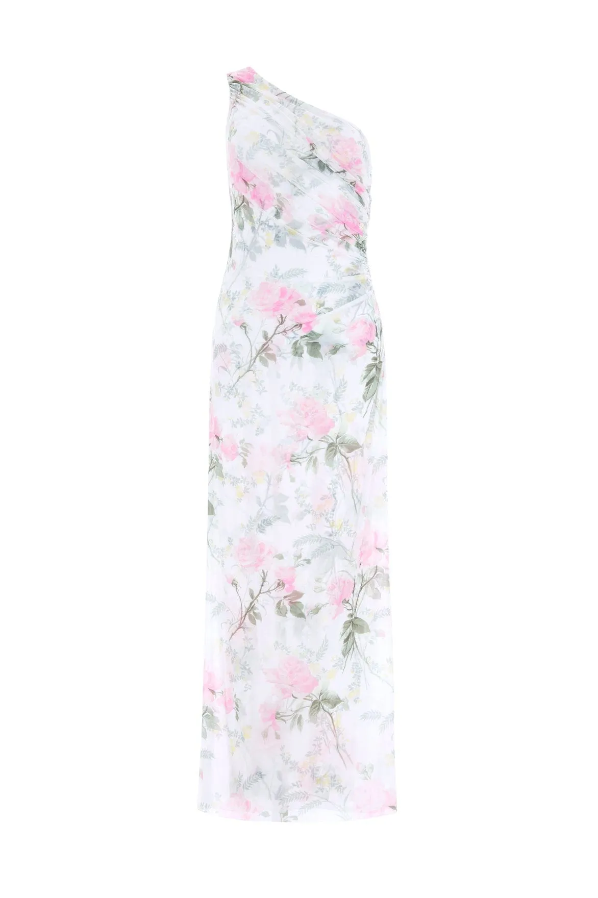 Rose Draped One-Shoulder Ankle Gown Flattering Waist Design Fit