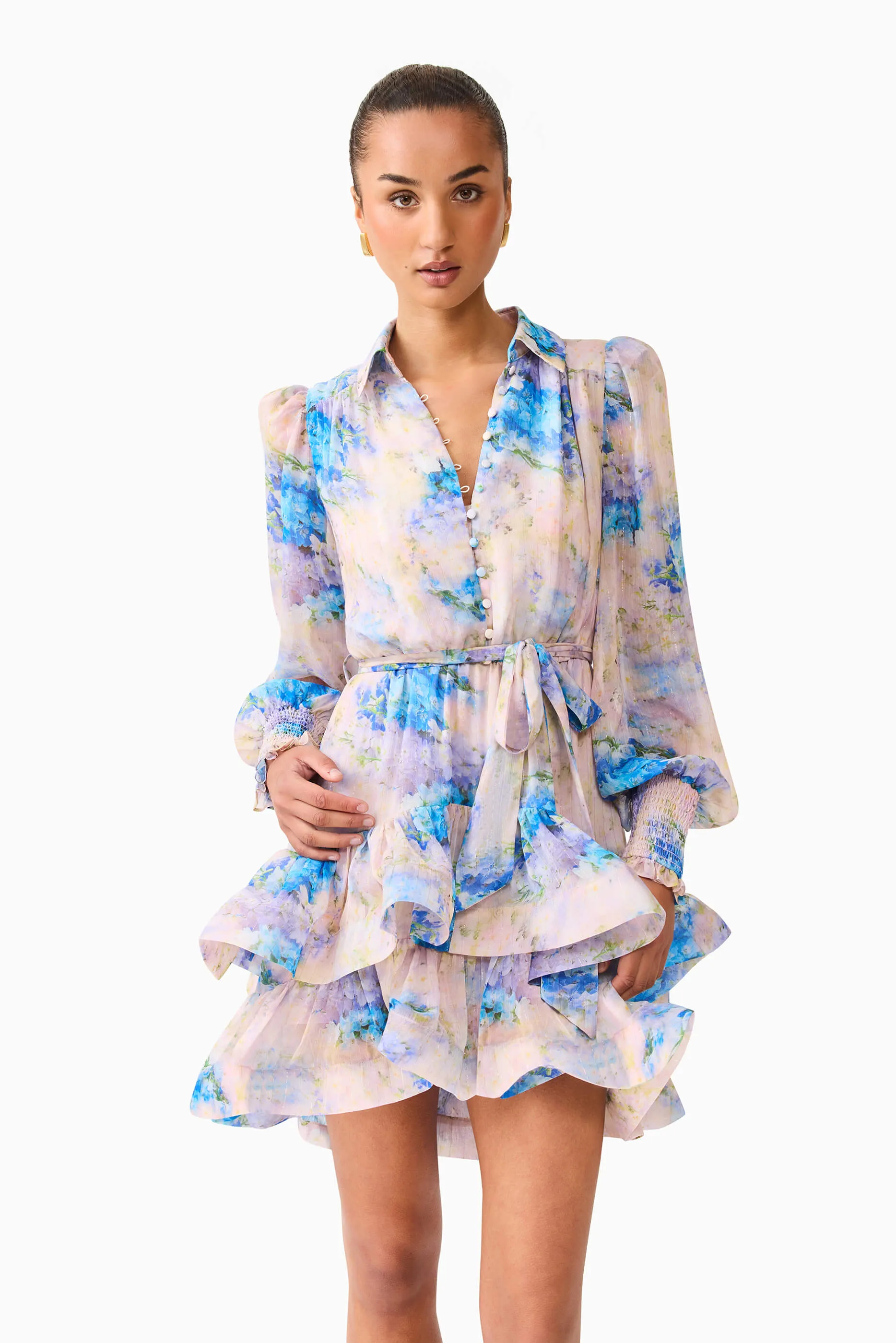 Printed-Fabric Fringe-Detail Briony Long Sleeve Mini Dress in Pink & Blue Floral