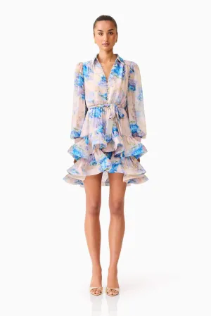 Briony Long Sleeve Mini Dress in Pink & Blue Floral Modest Look