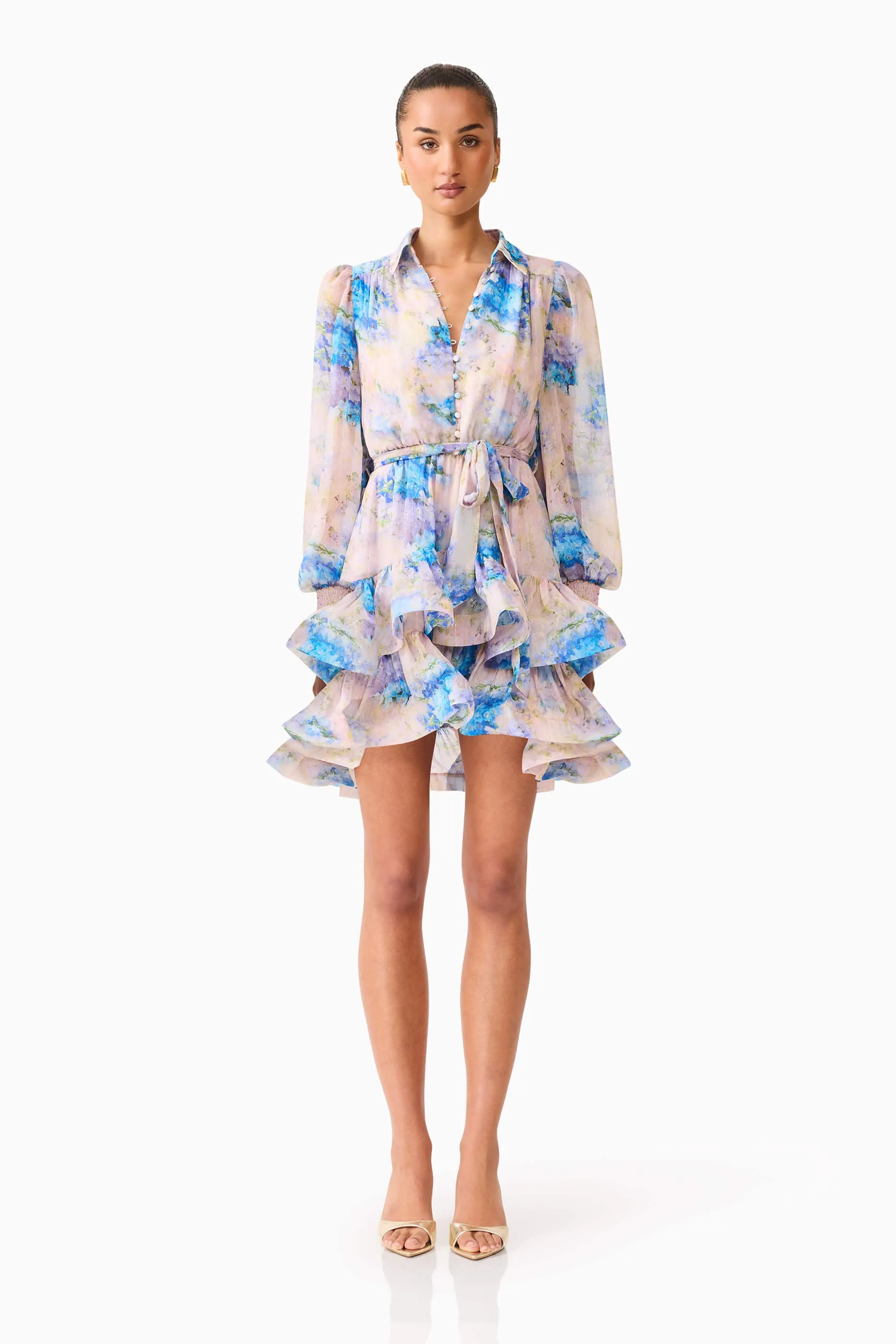Briony Long Sleeve Mini Dress in Pink & Blue Floral Modest Look