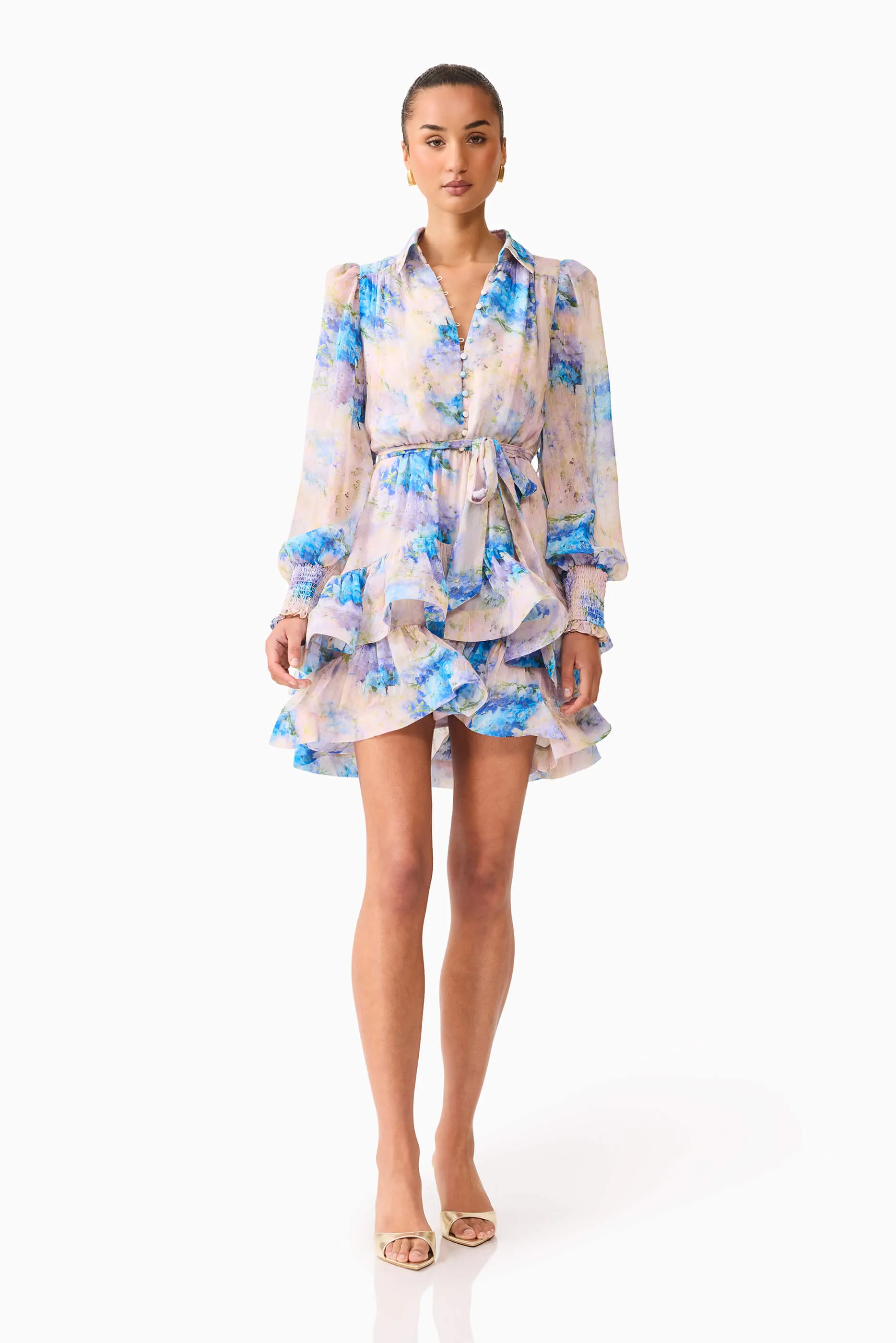 Bright-colored piece Briony Long Sleeve Mini Dress in Pink & Blue Floral