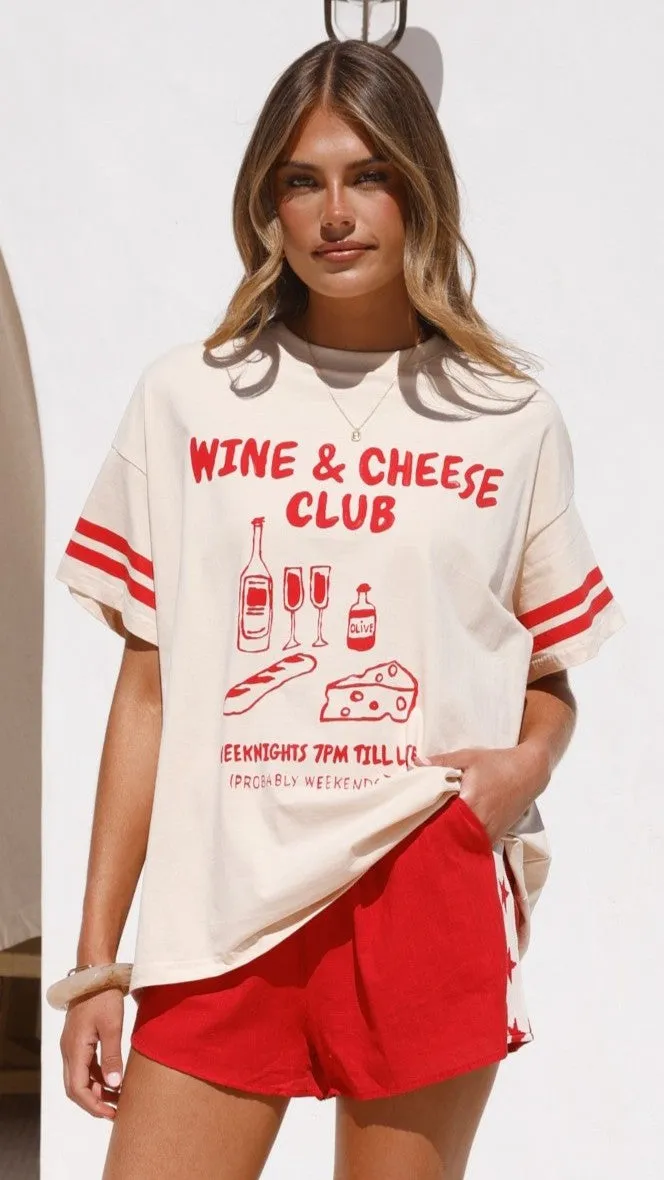 Cyber Glow Wine and Cheese Club T-shirt and Shorts Set - Red / Beige