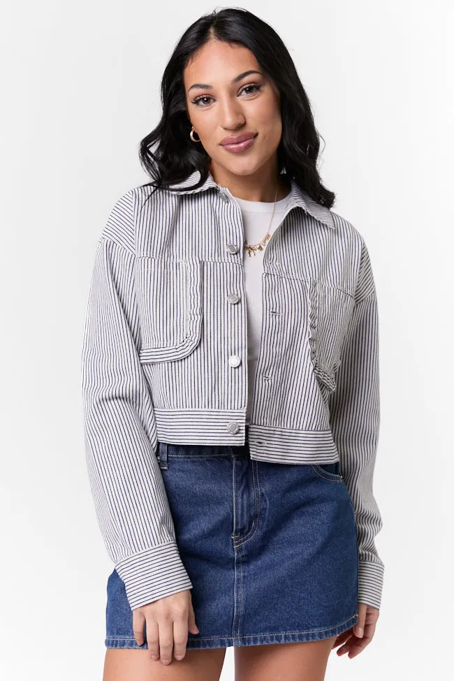 Layer Friendly Shape Say It Again Navy Striped Denim Jacket FINAL SALE