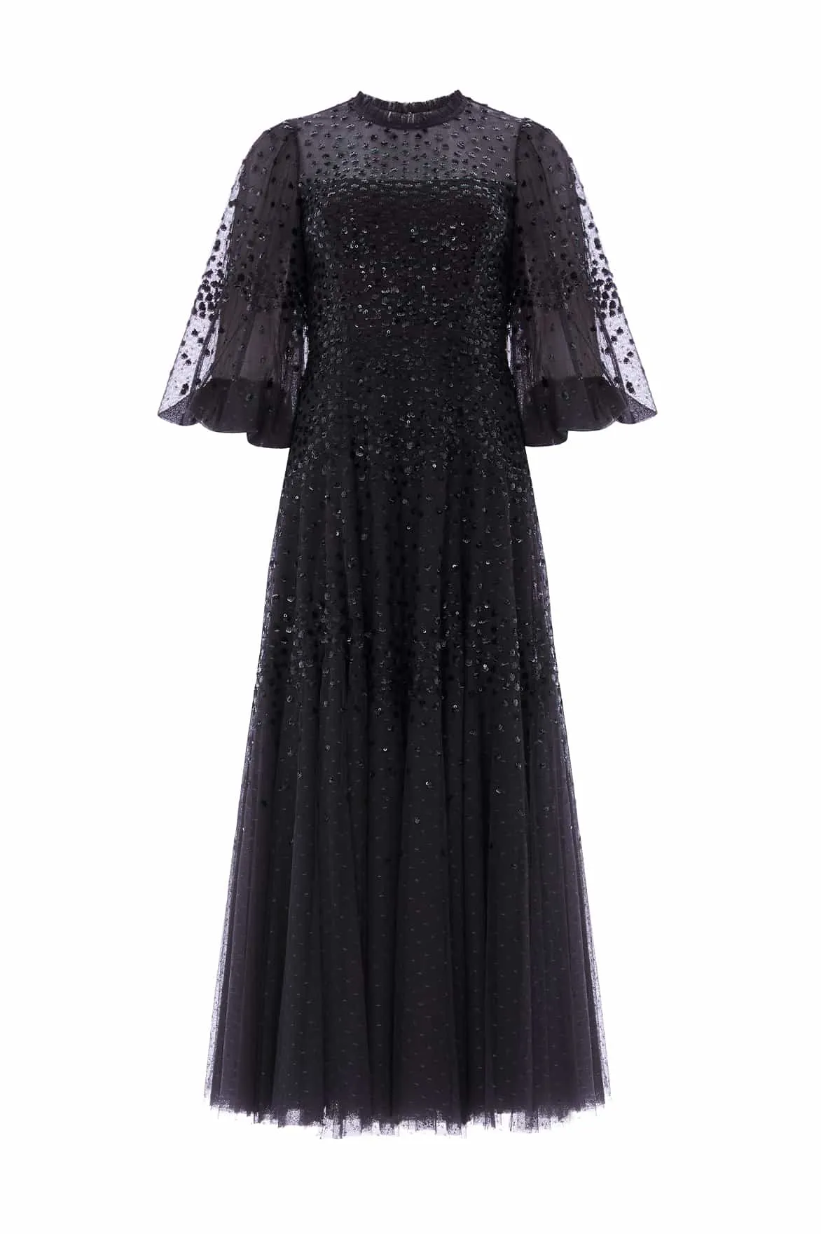 Soft Lines Evening Event Scallop Sequin Round Neck Ankle Gown