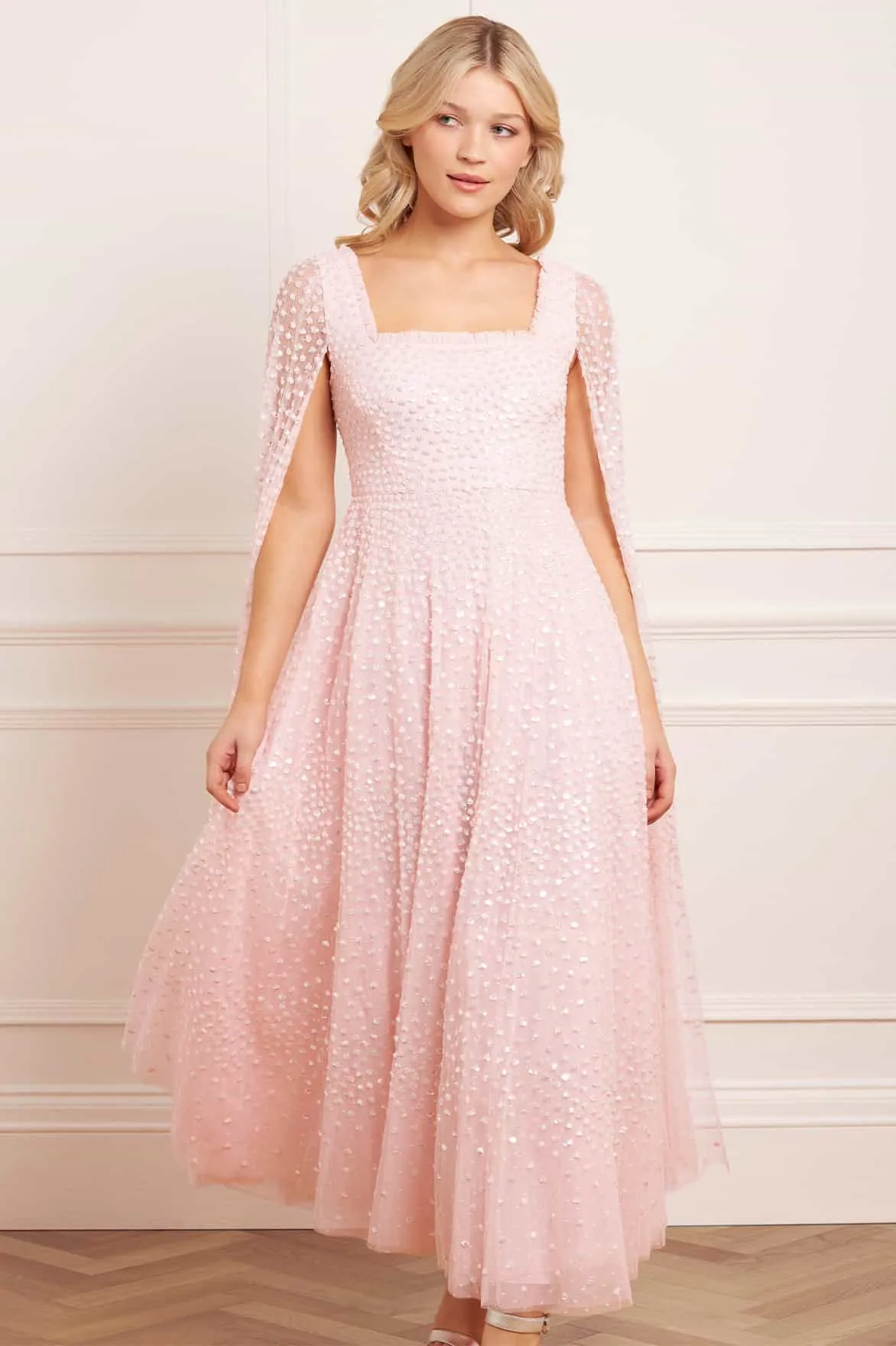 Neutral Flow Scatter Dot Cape Sleeve Ankle Gown