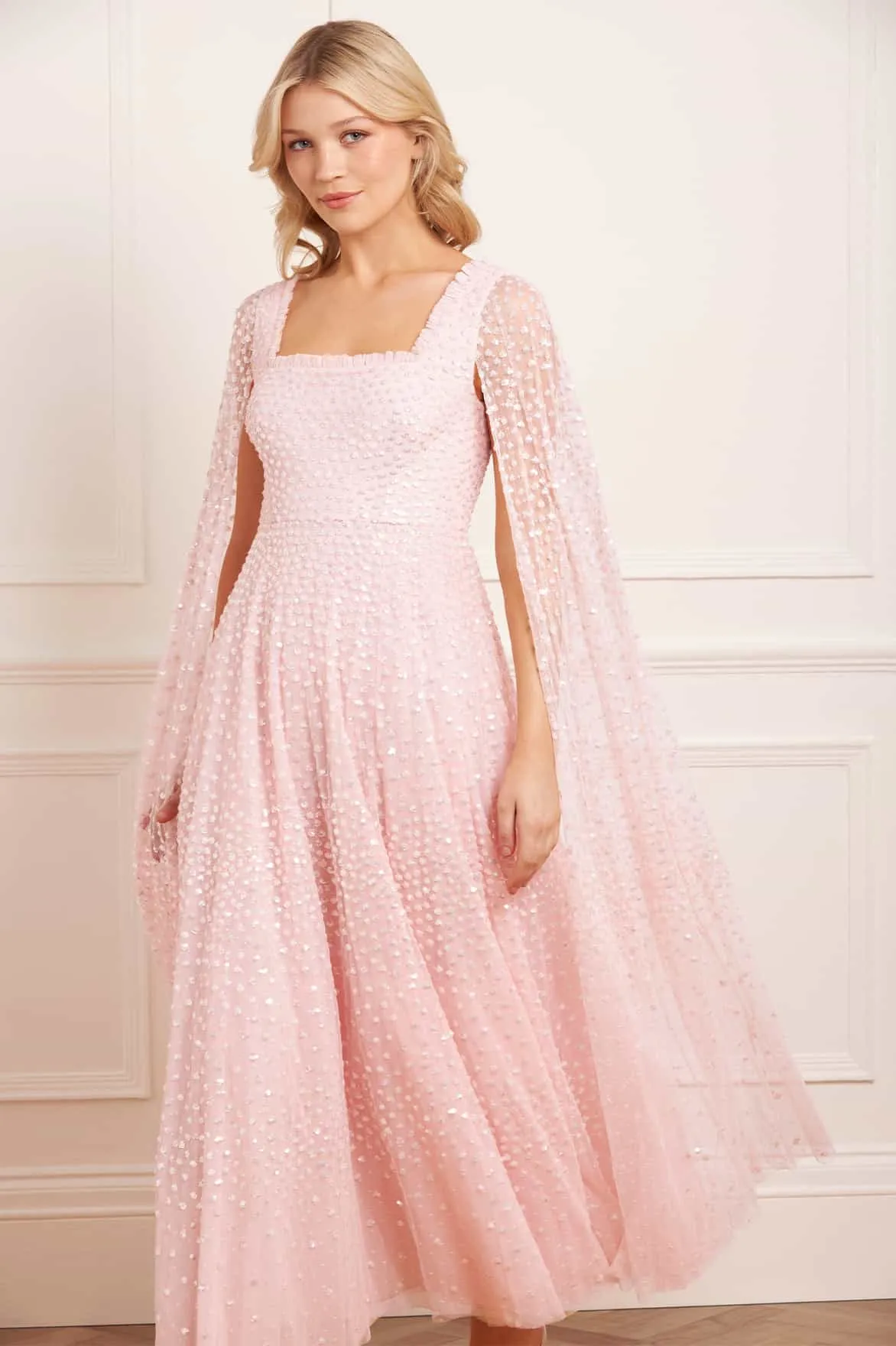 Clean Mood Scatter Dot Cape Sleeve Ankle Gown