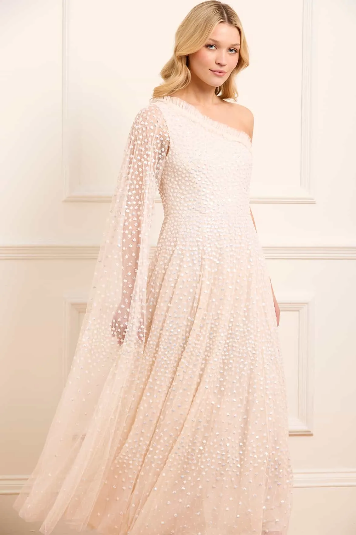 Silky-Feel Timeless elegance Scatter Dot One-Shoulder Ankle Gown