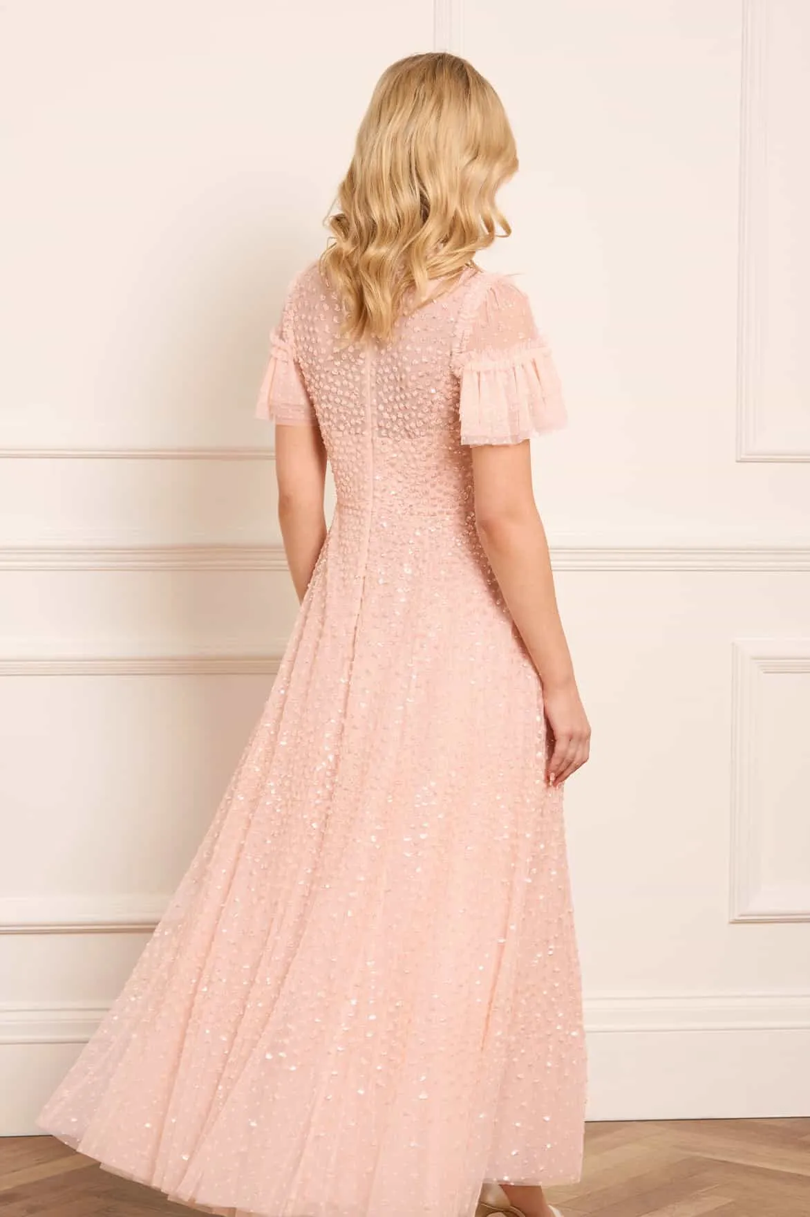 Lightweight Fit Silky-Lining Scatter Dot Round Neck Short Sleeve Ankle Gown