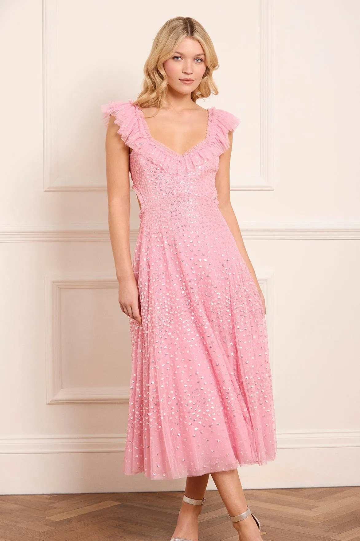 Machine-washable Modern and Feminine Scatter Dot Ruffle Backless Ballerina Dress