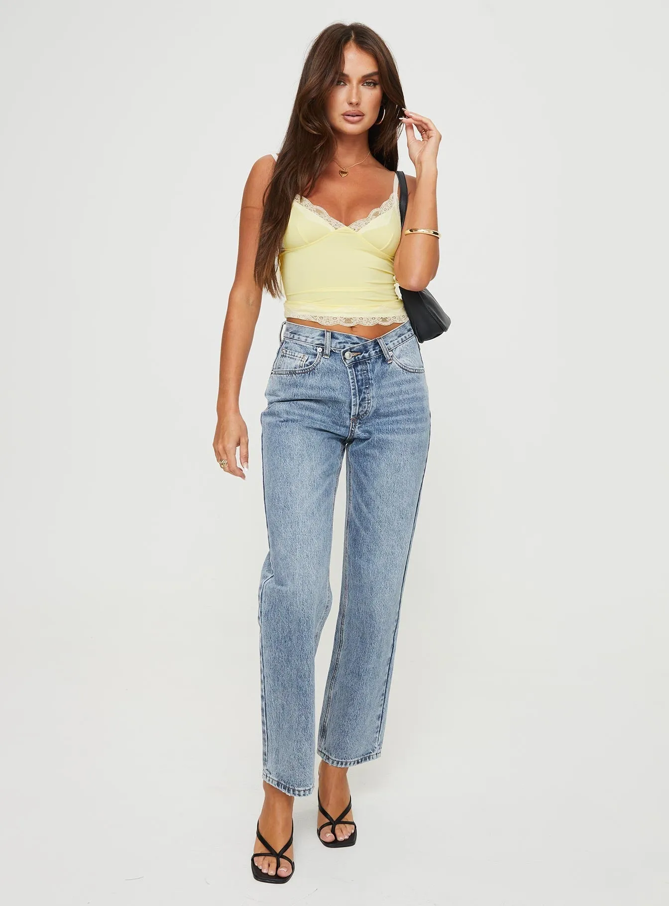 No Gap Waist Design Holly Asymmetric Straight Leg Jean Vintage Mid Wash