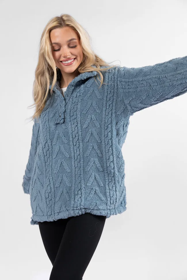 Versatile Design Collapsible Packable Style Take The Leap Blue Cable Detail Sherpa Pullover FINAL SALE