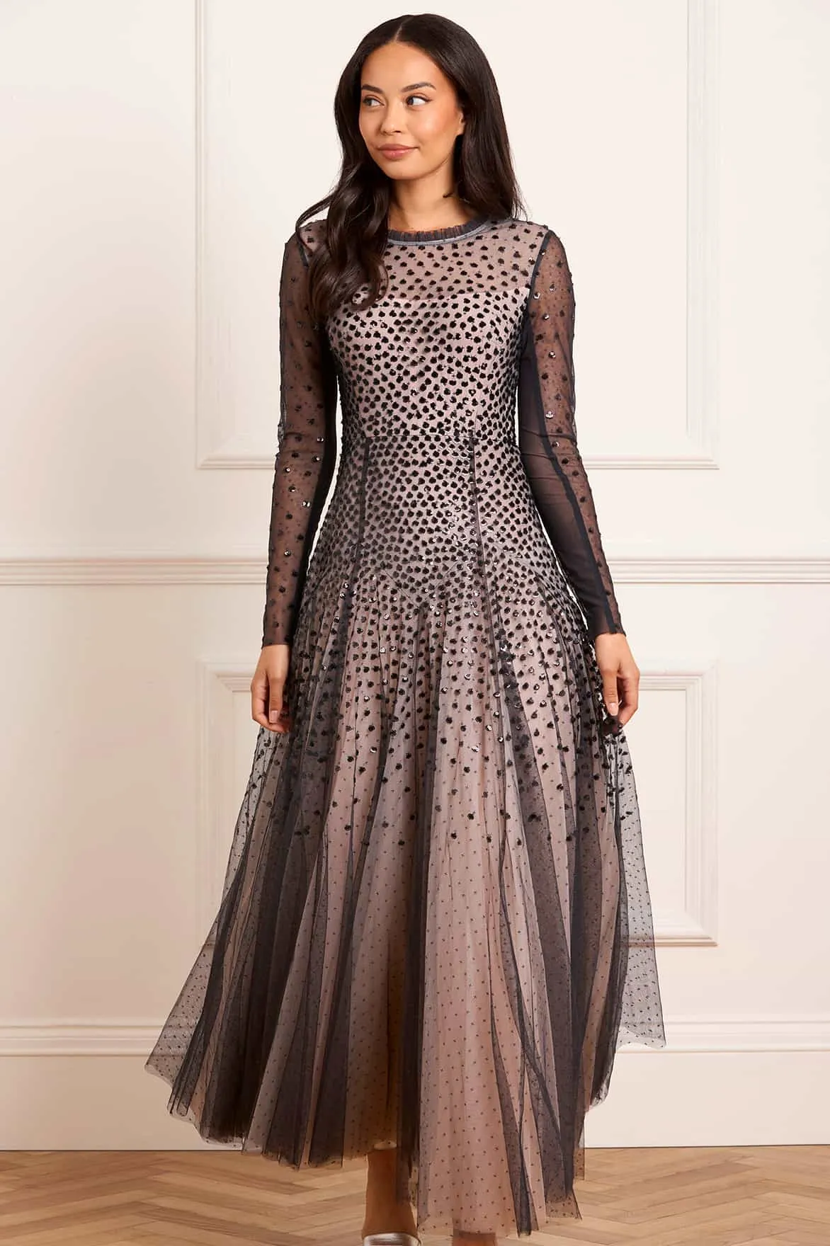 Sequin Cascade Round Neck Gown Casual-Look Relax Cut