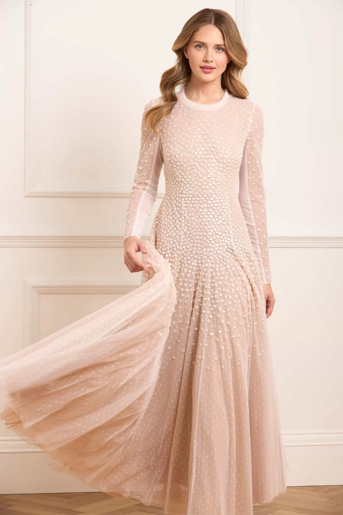 Sequin Cascade Round Neck Gown flattering appearance Non-Pilling