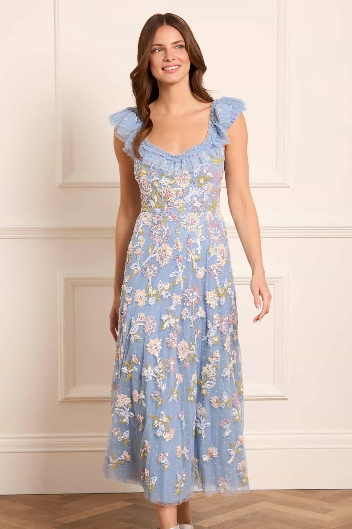 Sequin Dandelion Ruffle Ballerina Dress Ruched-Detail Low Key