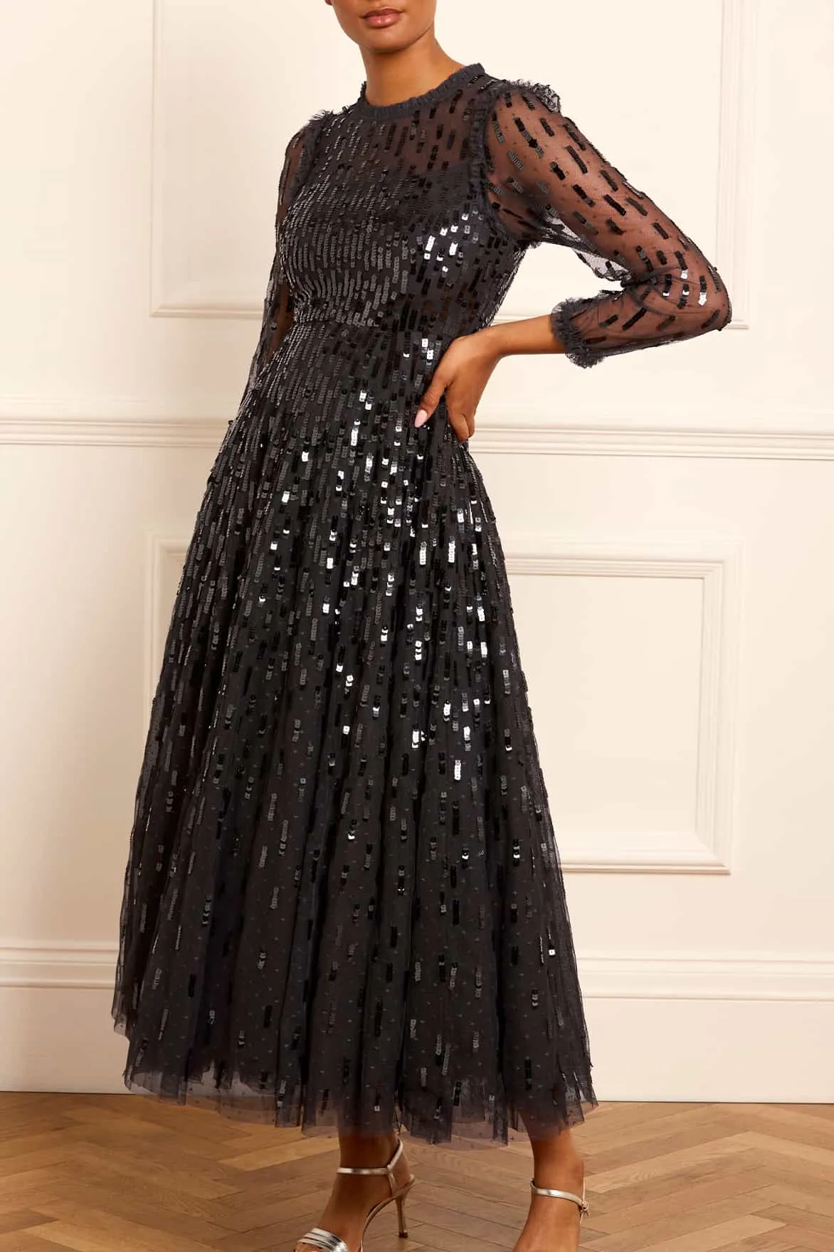 Minimalist Waist Sequin Dash Long Sleeve Gown