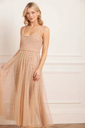 Sequin Giselle Smocked Cami Ankle Gown Color-Blocked Celebrity-Inspired