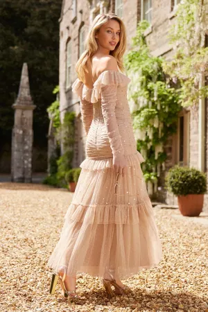 Sequin Glimmer Rouched Off-Shoulder Gown Versatile Layering