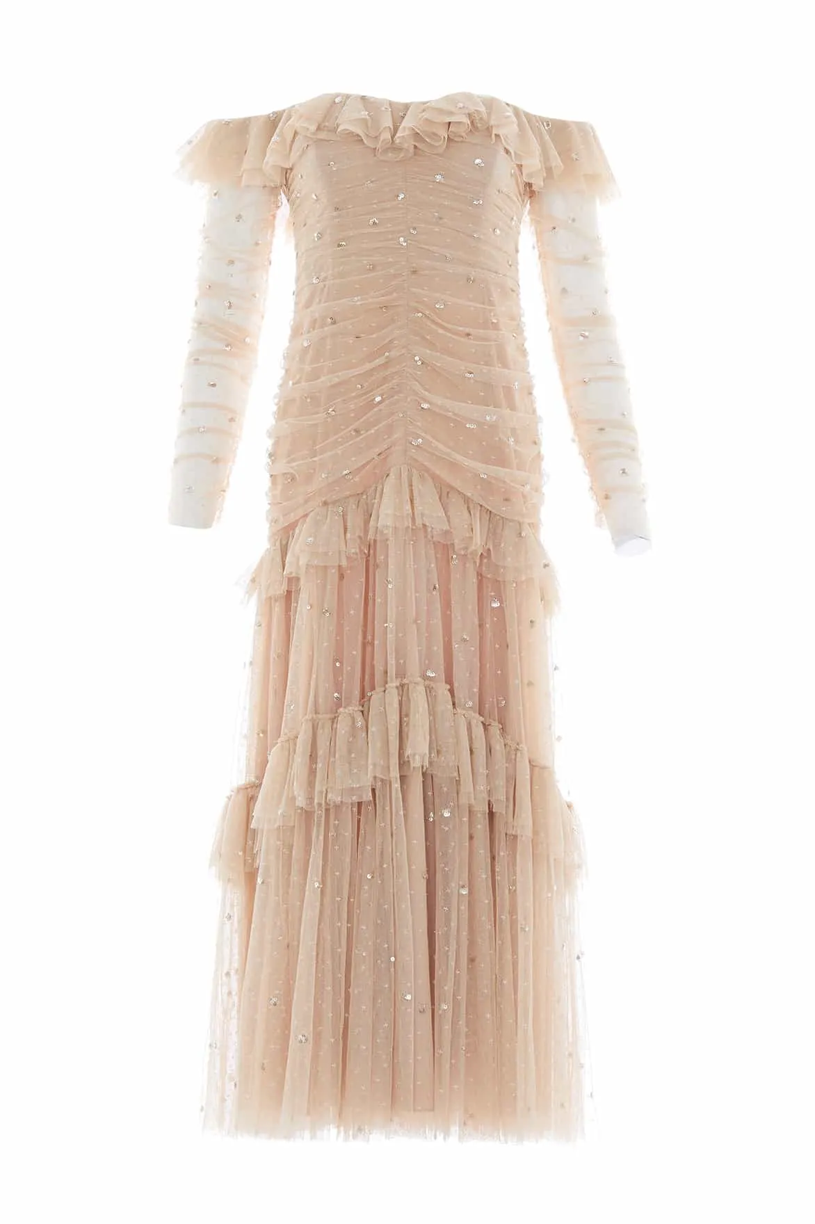 Sequin Glimmer Rouched Off-Shoulder Gown Urban Spirit Sophisticated Appeal