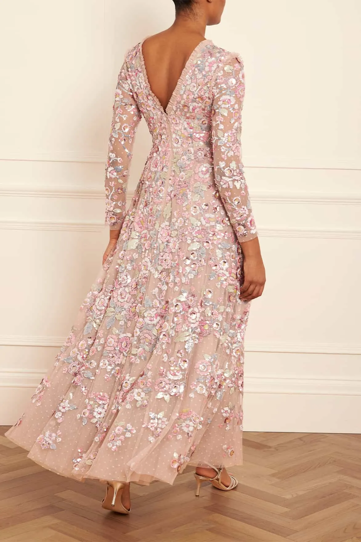 Statement Neck Texture Play Sequin Paradise Long Sleeve Gown