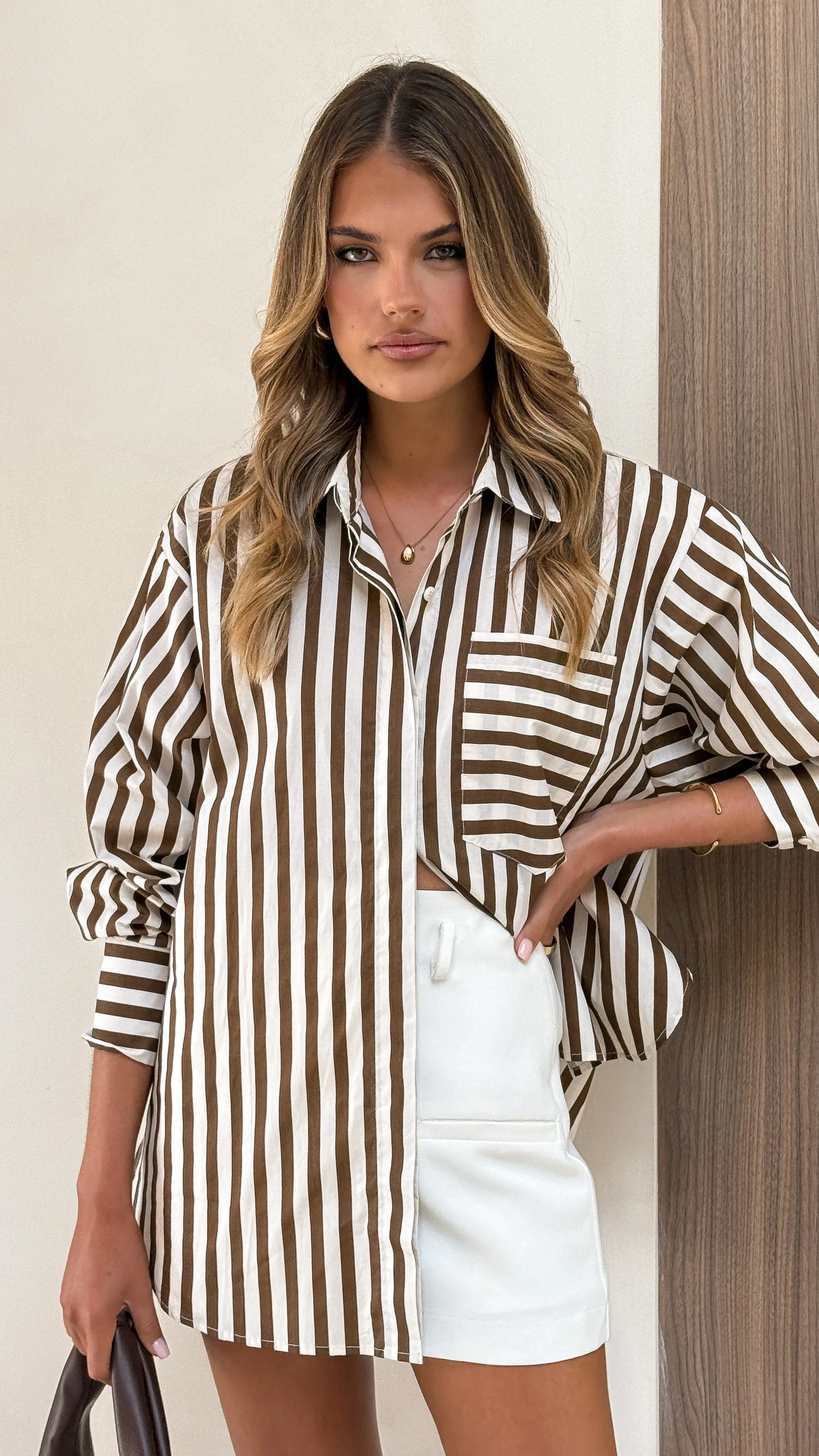 Zoah Long Sleeve Button Up Shirt - Choc/Champagne Stripe MinimalistDesign