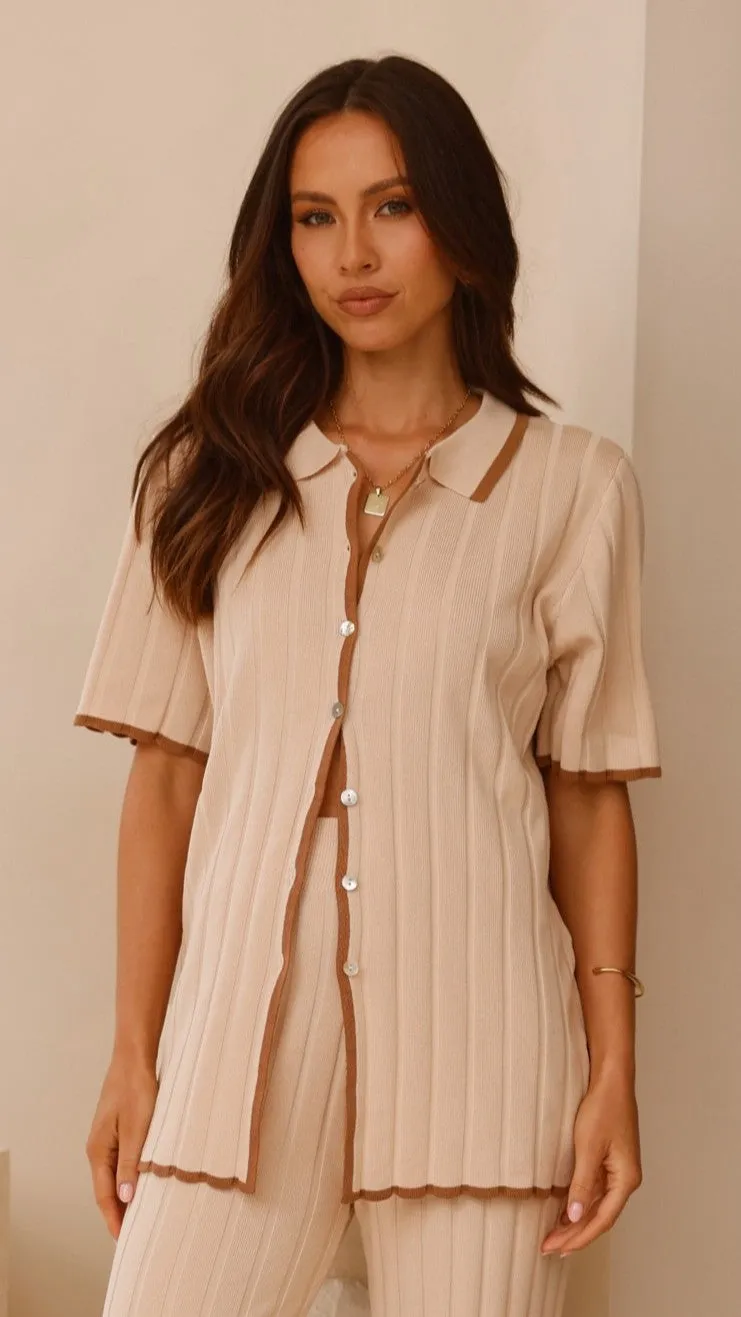 StretchableFabric Shaylie Button Up Shirt - Beige