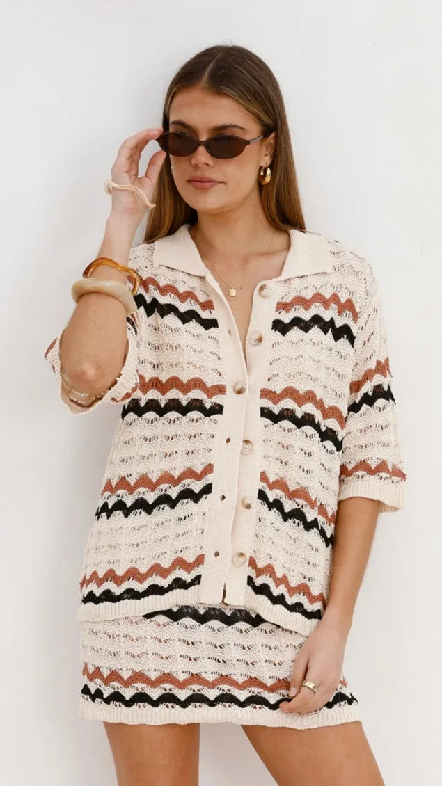 Airflow Mesh Panels Greta Button Up Shirt - Natural Stripe