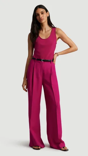 NonBindingWaistline Curved Waistline Single Pleat Trouser in Viscose Linen Twill | Fuchsia