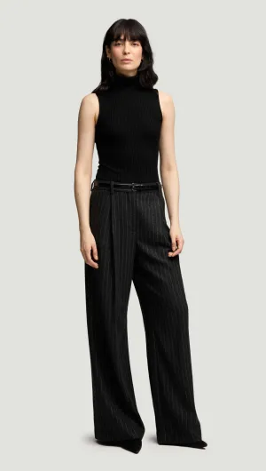 Single Pleat Trouser in Wool Blend | Grey Pinstripe Ripped design Timeless Design