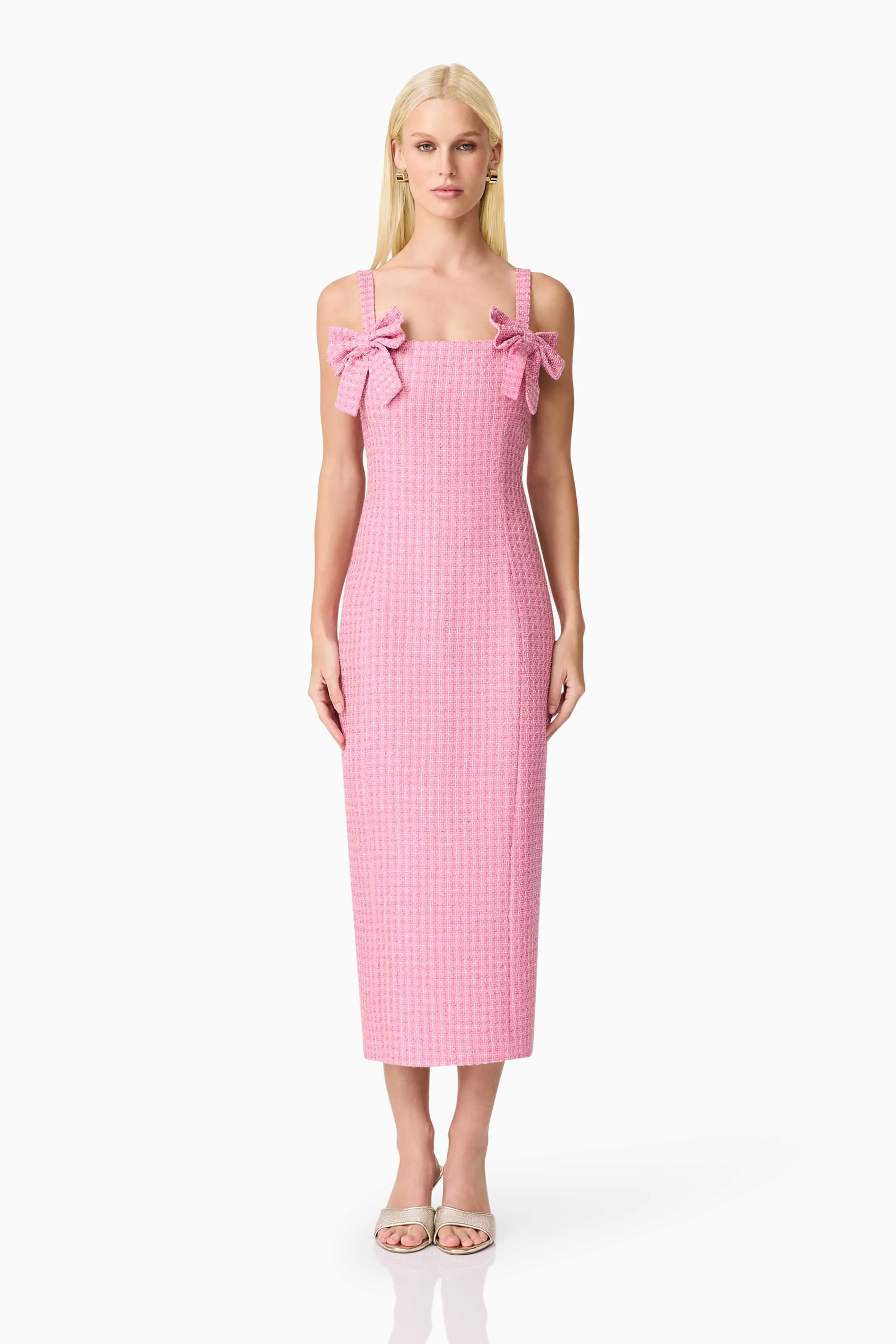 Layered Design Vibrant Light Alia Fitted Midi Dress In Pink
