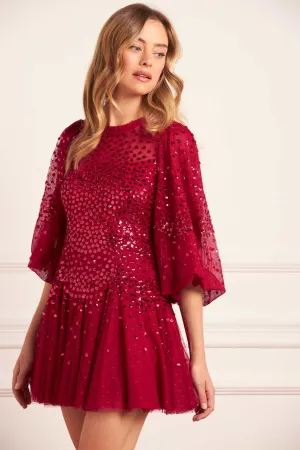 Modern Waist Scallop Sequin Round Neck Micro Mini Dress
