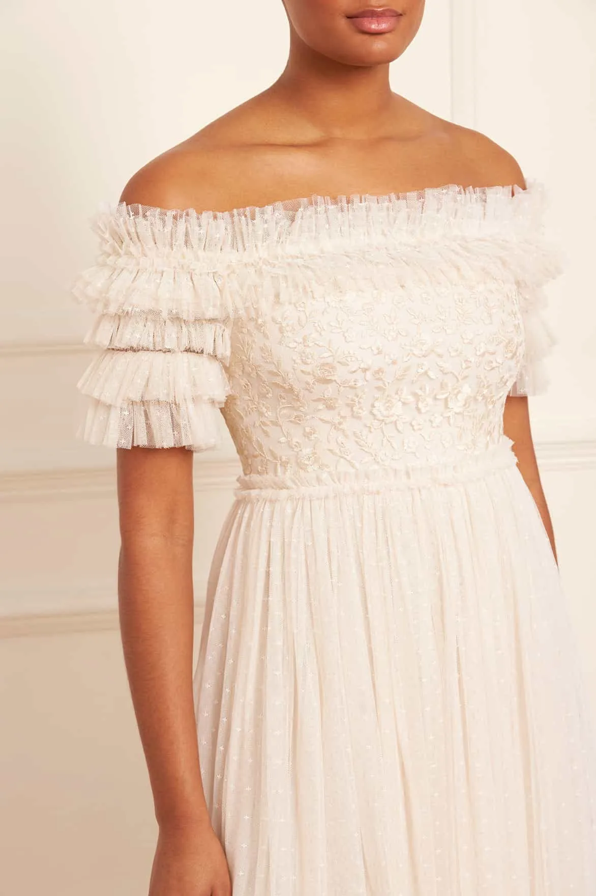 Warm Touch Romantic Soft Midsummer Lace Bodice Off-Shoulder Ankle Gown