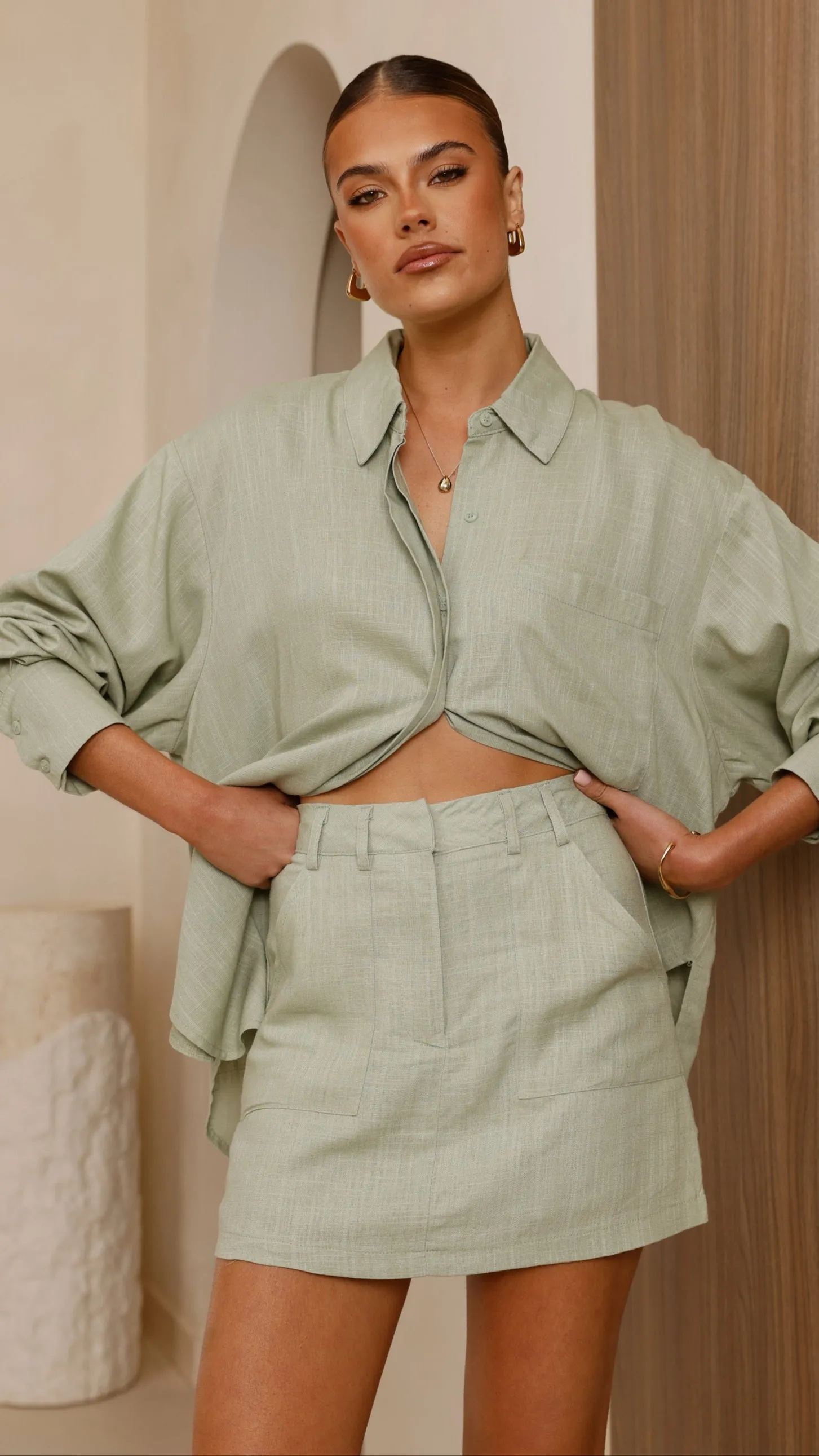 Charla Button Up Top - Sage AntiFadeTechnology