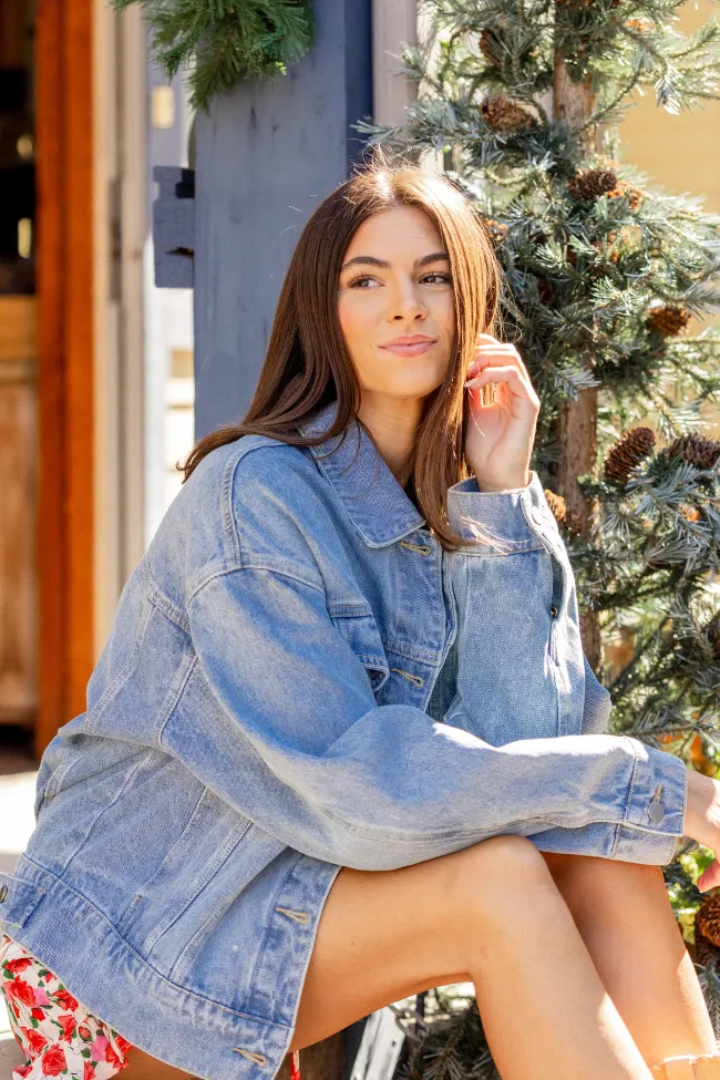 Solange Medium Wash Oversized Denim Jacket Comfort Stretch Fabric Minimalist Design