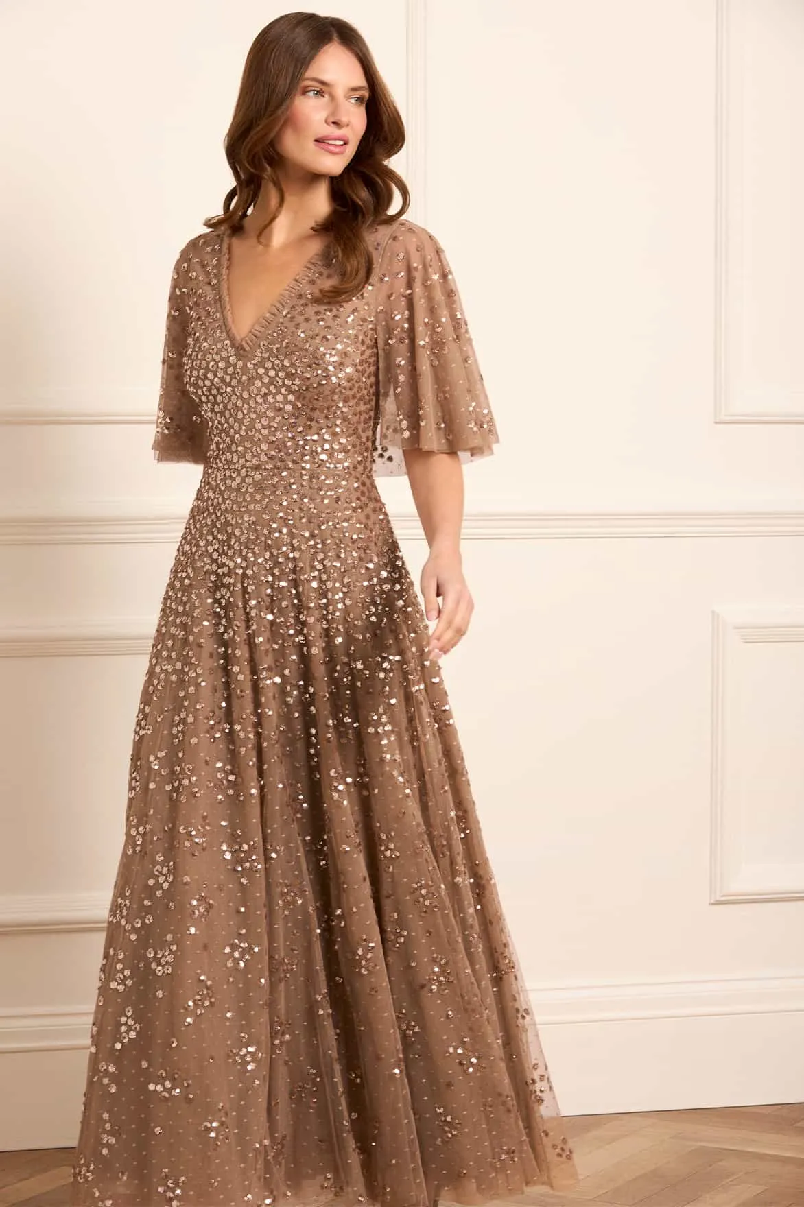 Slit-Hem Leila Dot V-Neck Cape Ankle Gown