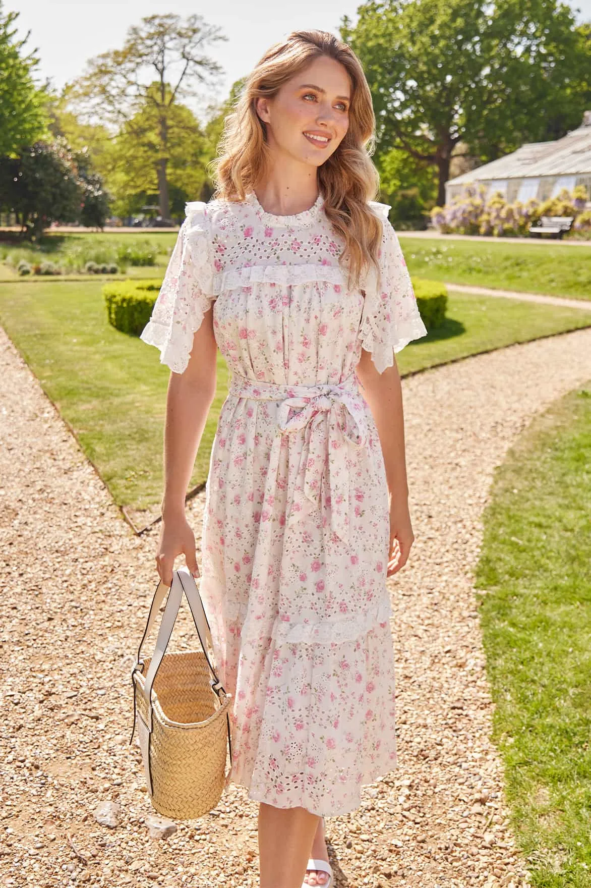 Elastic-Waist Rose Ditsy Cotton Broderie Midaxi Dress