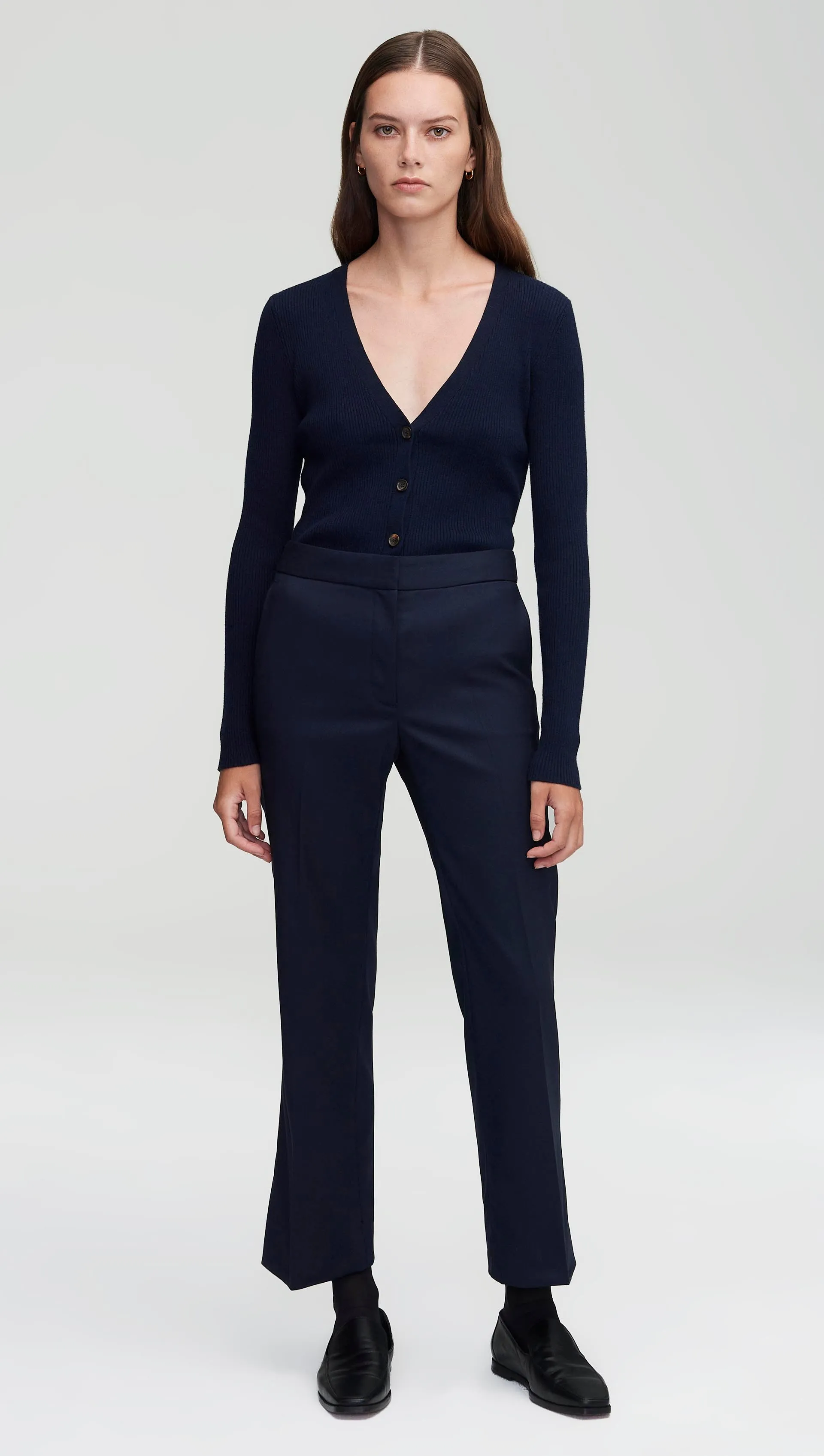 Breathable mesh lining Slim Kick Flare Trouser in Seasonless Wool | Midnight