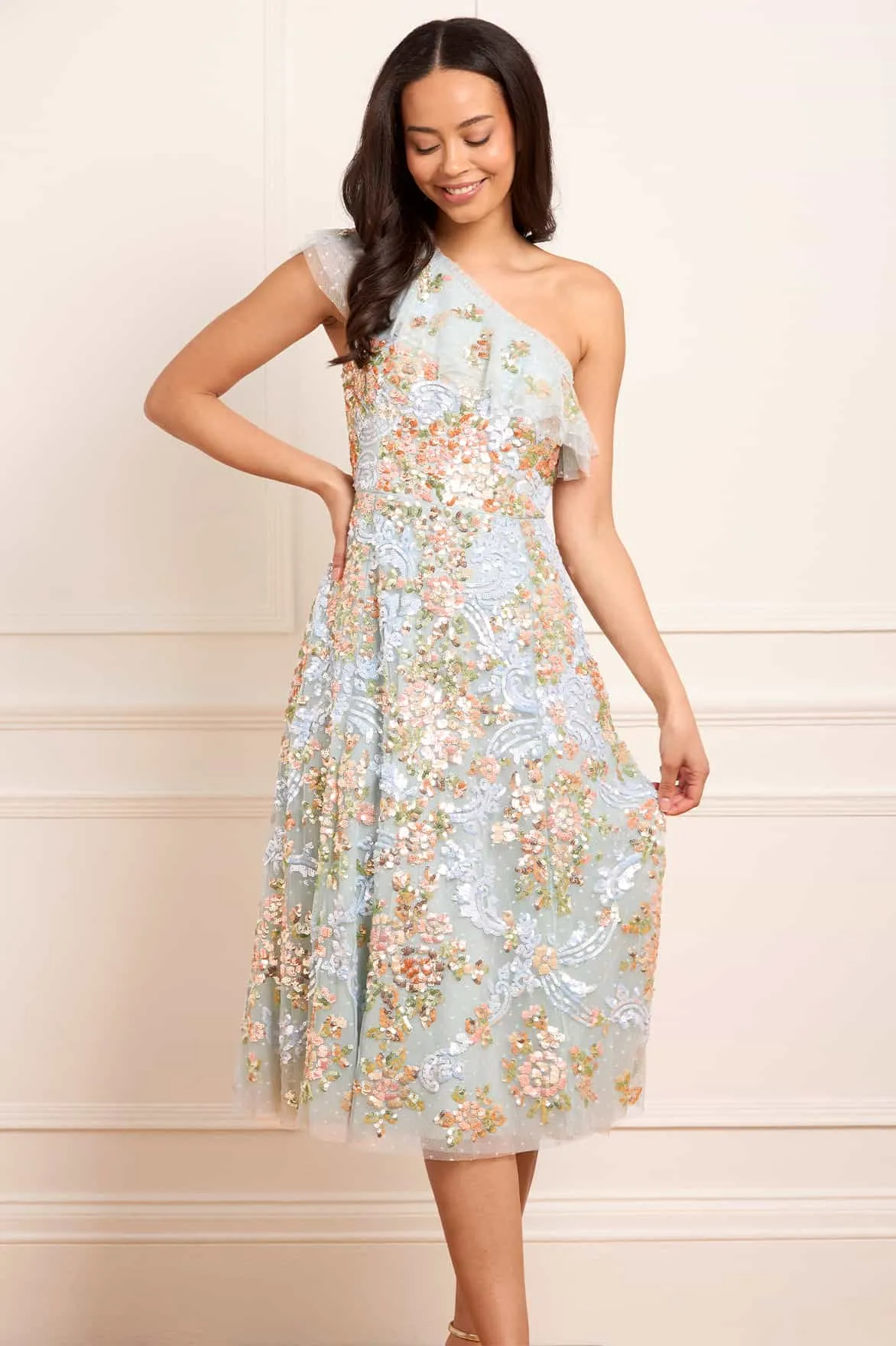 Smart Glide Scoop-Neck Baroque Floral One-Shoulder Midaxi Dress