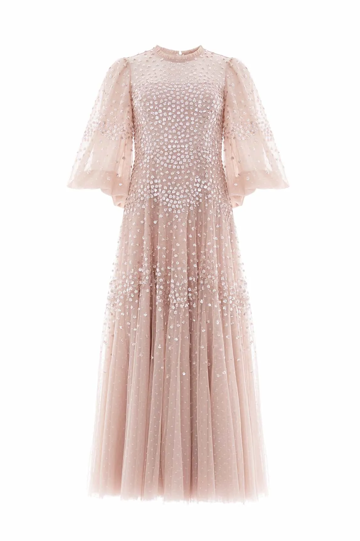 Scallop Sequin Round Neck Ankle Gown Semi Sheer Trendy Appearance