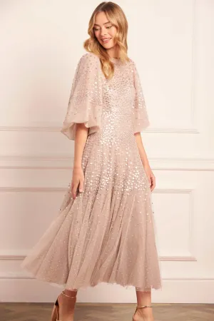 Scallop Sequin Round Neck Ankle Gown Modern Lines Body Ease