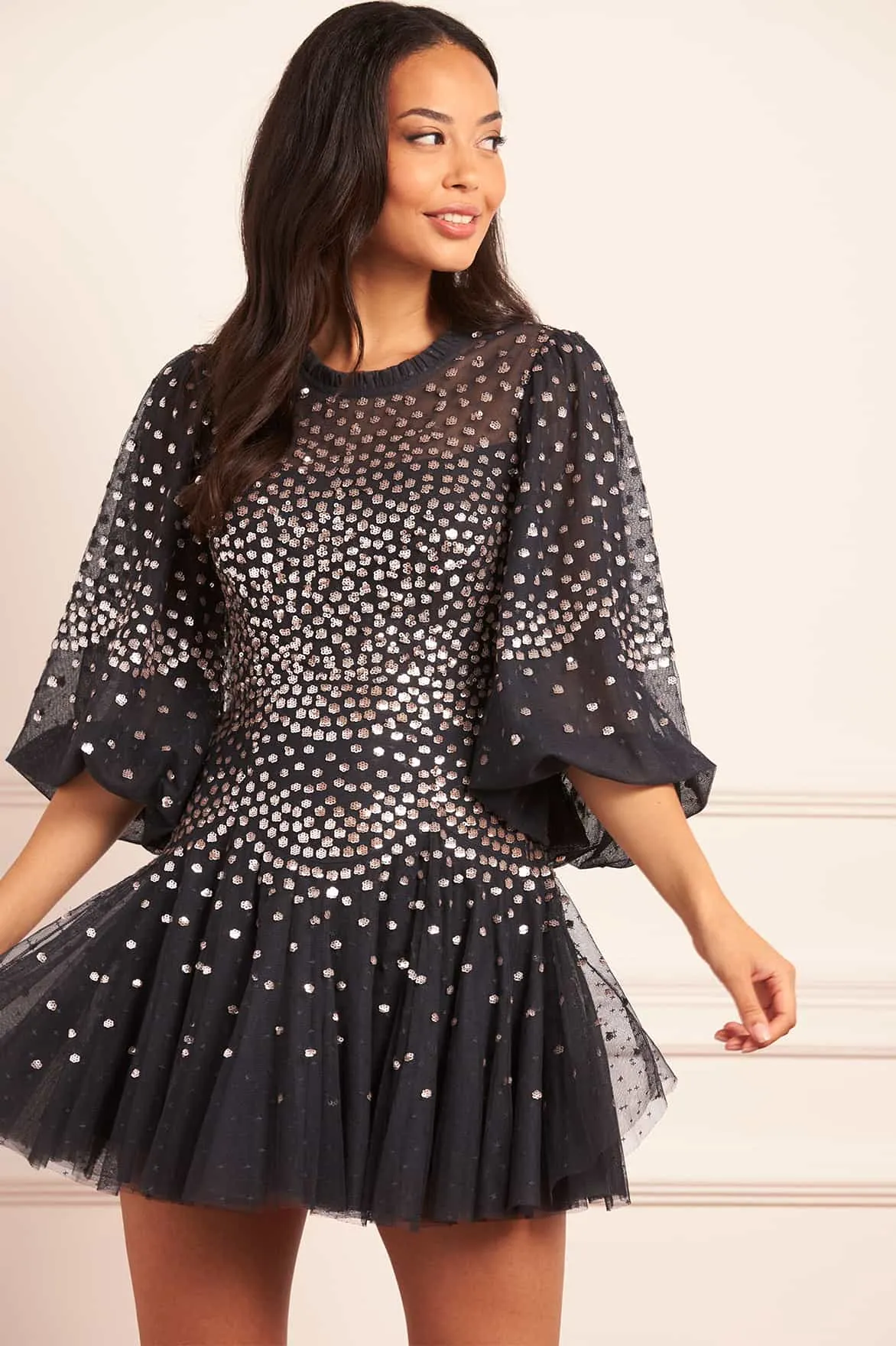Scallop Sequin Round Neck Micro Mini Dress Classic-style