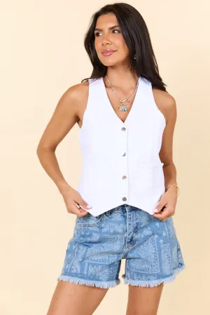 Beneath The Moon White Denim Vest SALE Versatile Daily Layer Button Fastenings