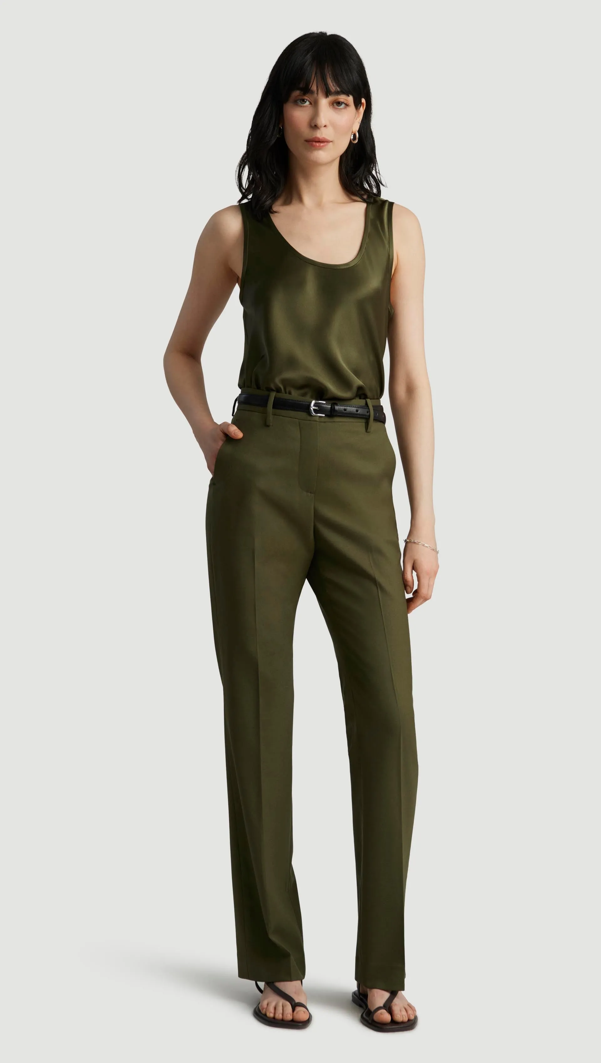Stretch Waist Straight Leg Trouser in Seasonless Wool | Pine Needle