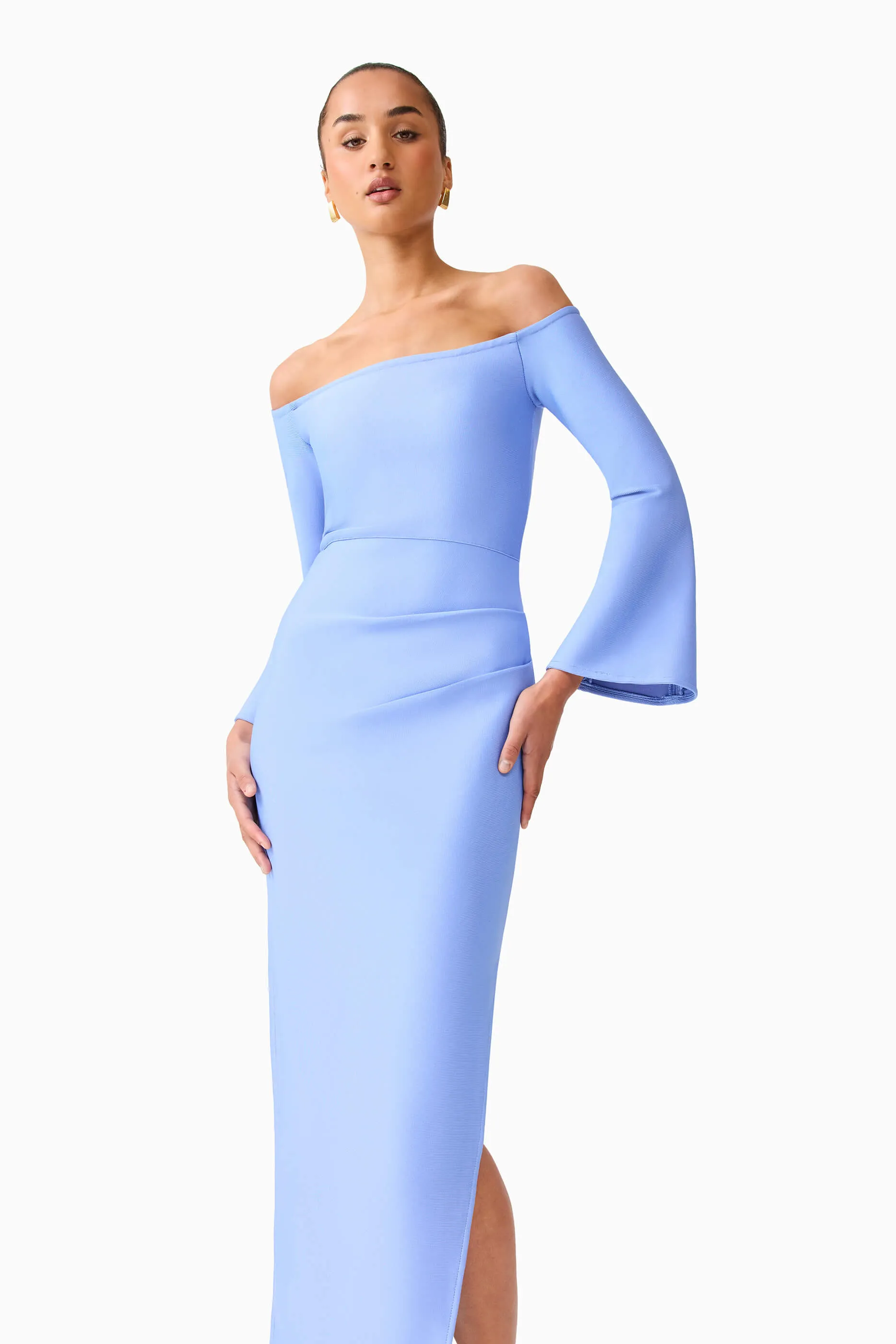Fit Base Polished Mood Sonya Long Sleeve Midi Dress in Blue